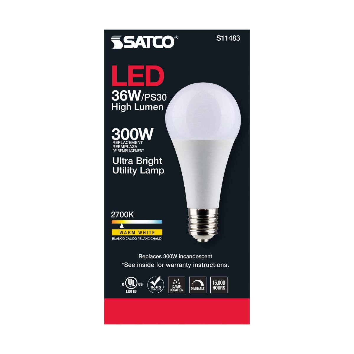 Utility Lamp PS30 LED Bulb, 36 Watts, 4500 Lumens, 2700K, E39 Mogul Base, 300W Equal, 120V - Bees Lighting