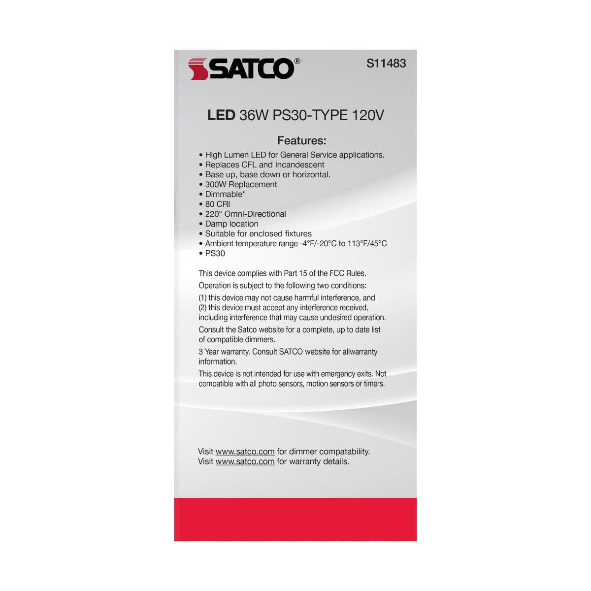 Utility Lamp PS30 LED Bulb, 36 Watts, 4500 Lumens, 2700K, E39 Mogul Base, 300W Equal, 120V - Bees Lighting
