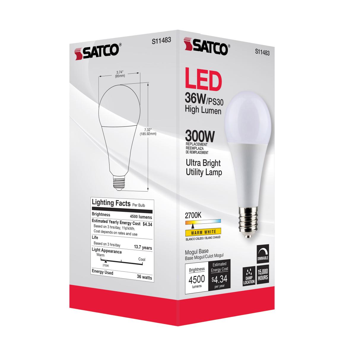 Utility Lamp PS30 LED Bulb, 36 Watts, 4500 Lumens, 2700K, E39 Mogul Base, 300W Equal, 120V - Bees Lighting