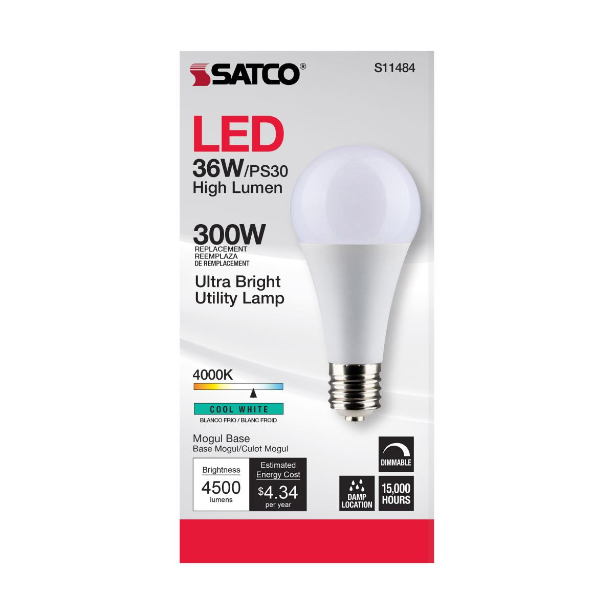 Utility Lamp PS30 LED Bulb, 36 Watts, 4500 Lumens, 4000K, E39 Mogul Base, 300W Equal, 120V - Bees Lighting