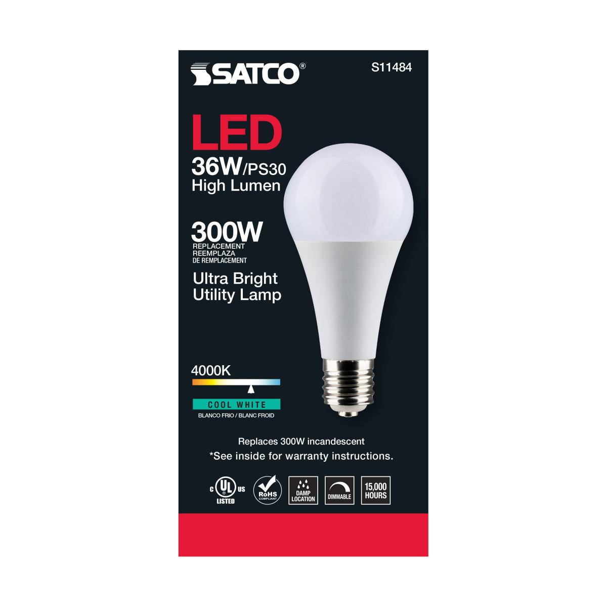 Utility Lamp PS30 LED Bulb, 36 Watts, 4500 Lumens, 4000K, E39 Mogul Base, 300W Equal, 120V - Bees Lighting