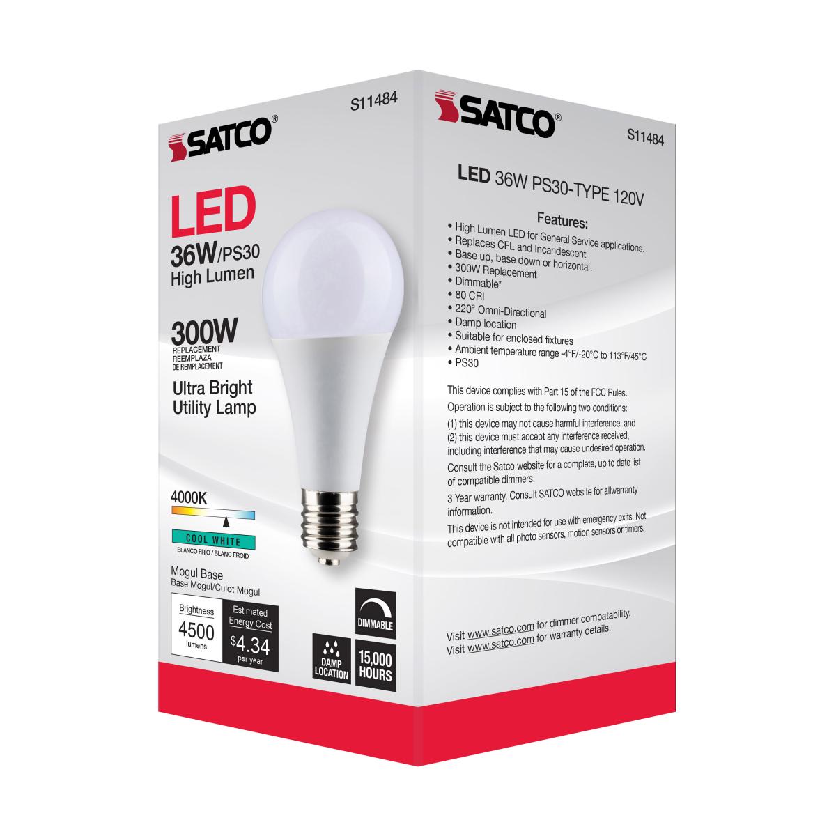 Utility Lamp PS30 LED Bulb, 36 Watts, 4500 Lumens, 4000K, E39 Mogul Base, 300W Equal, 120V - Bees Lighting