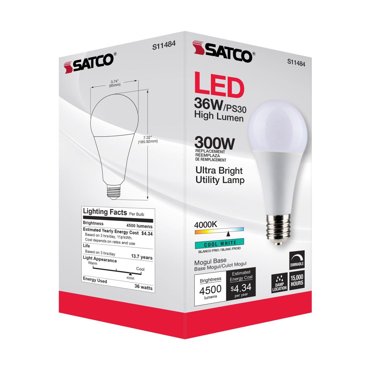 Utility Lamp PS30 LED Bulb, 36 Watts, 4500 Lumens, 4000K, E39 Mogul Base, 300W Equal, 120V - Bees Lighting