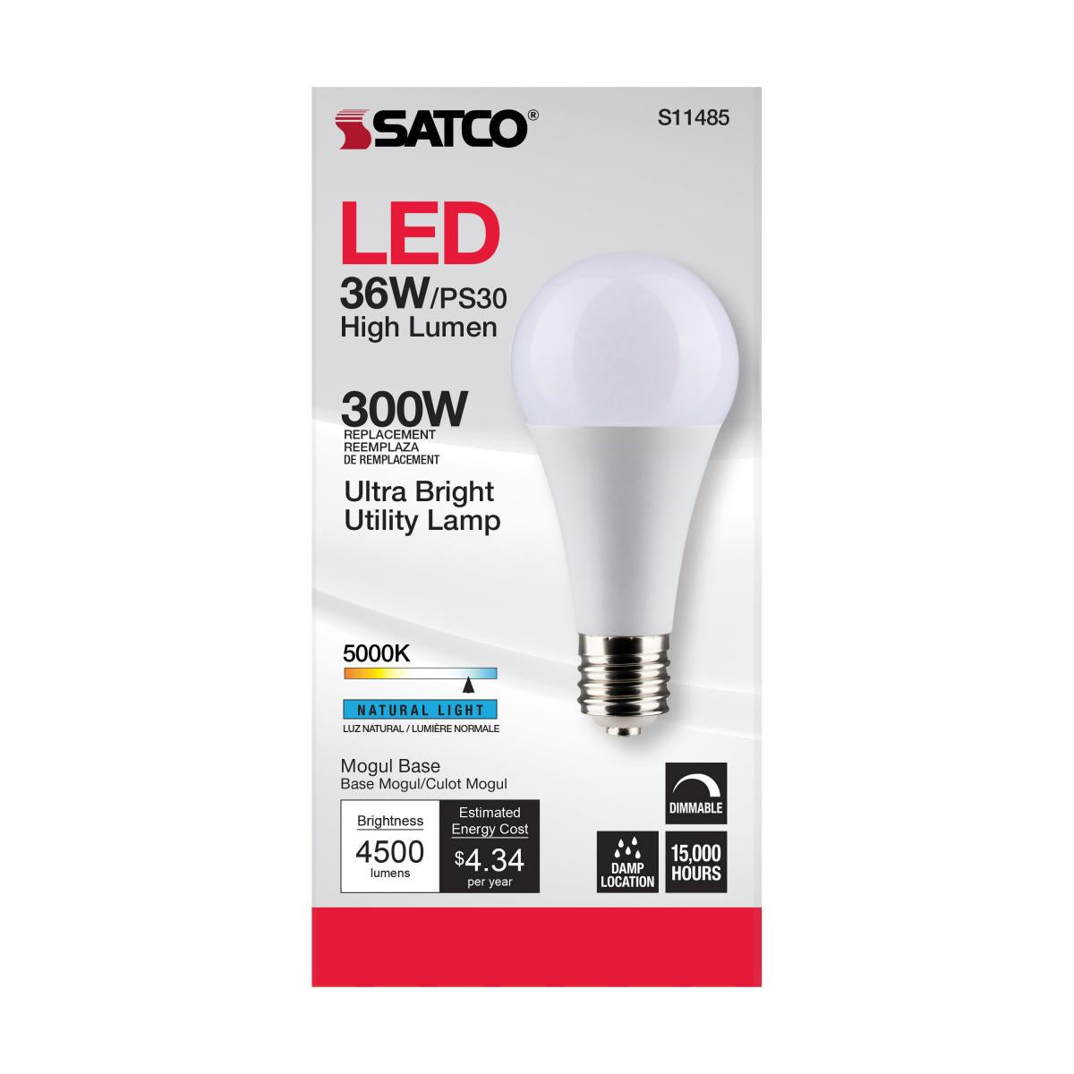 Utility Lamp PS30 LED Bulb, 36 Watts, 4500 Lumens, 5000K, E39 Mogul Base, 300W Equal, 120V - Bees Lighting