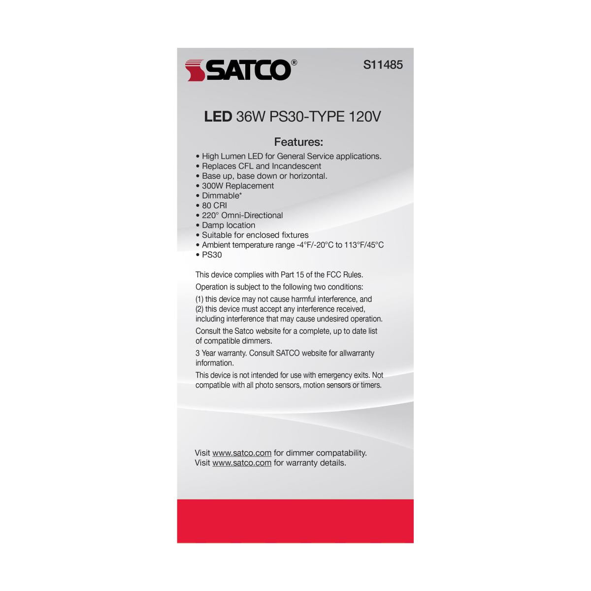 Utility Lamp PS30 LED Bulb, 36 Watts, 4500 Lumens, 5000K, E39 Mogul Base, 300W Equal, 120V - Bees Lighting