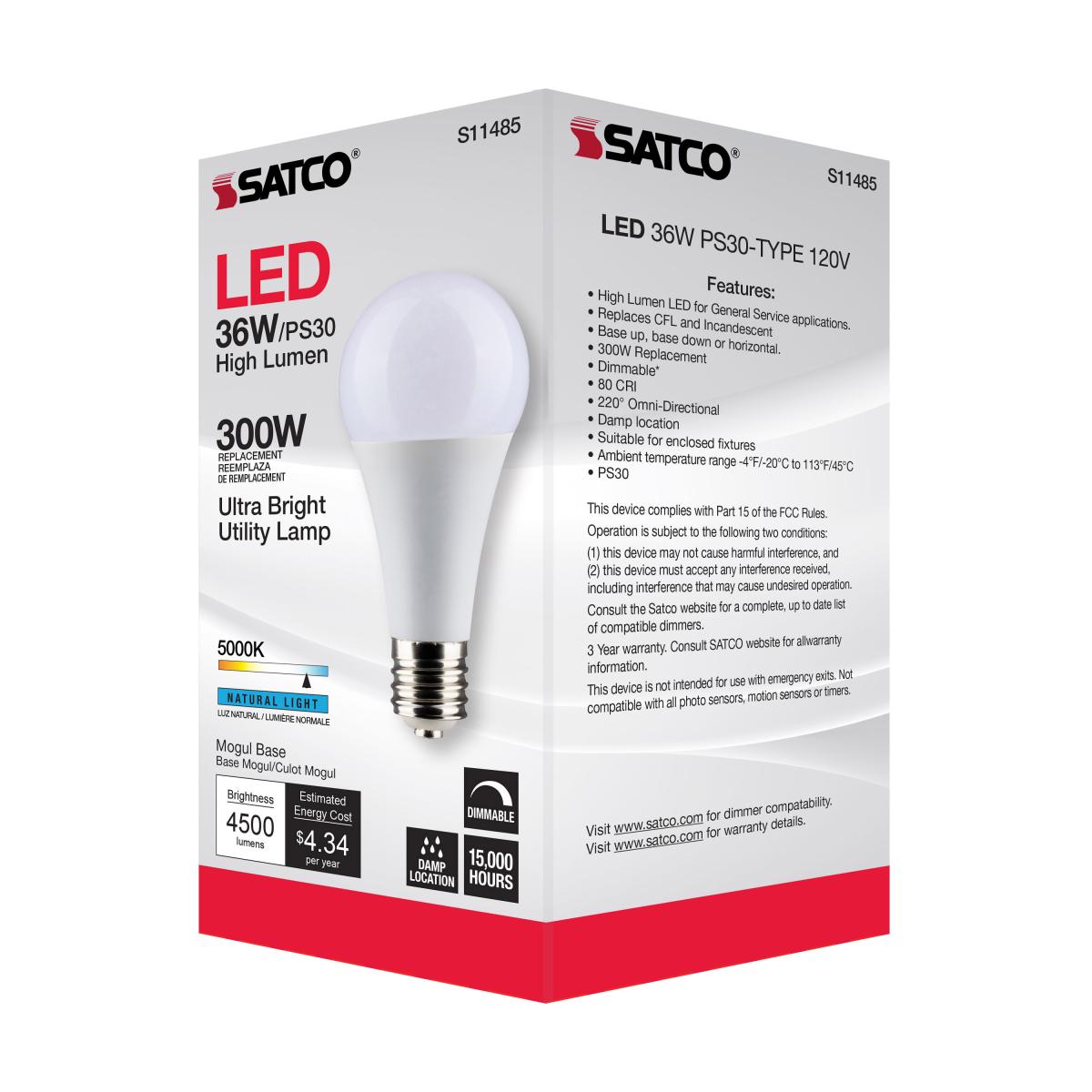 Utility Lamp PS30 LED Bulb, 36 Watts, 4500 Lumens, 5000K, E39 Mogul Base, 300W Equal, 120V - Bees Lighting