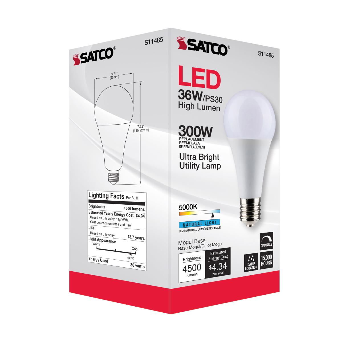 Utility Lamp PS30 LED Bulb, 36 Watts, 4500 Lumens, 5000K, E39 Mogul Base, 300W Equal, 120V - Bees Lighting