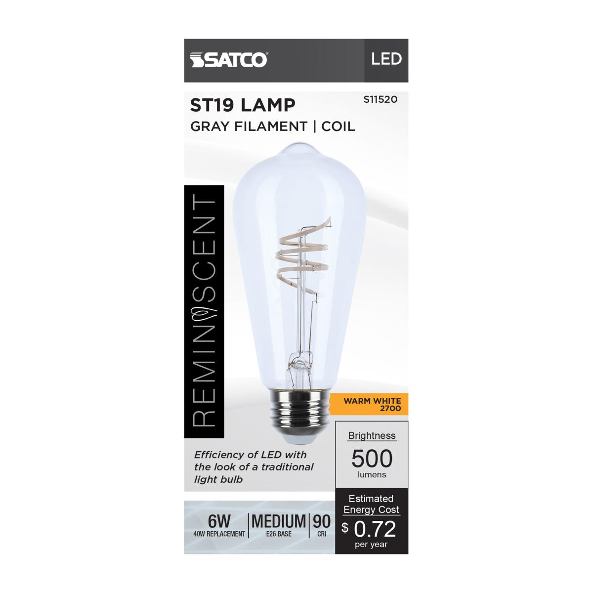 Reminiscent Gray Coil Filament ST19 LED Bulb, 6 Watts, 500 Lumens, 2700K, E26 Medium Base - Bees Lighting