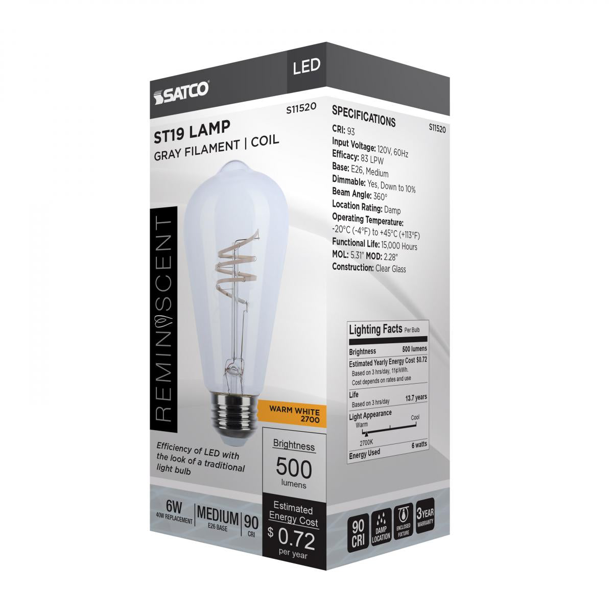 Reminiscent Gray Coil Filament ST19 LED Bulb, 6 Watts, 500 Lumens, 2700K, E26 Medium Base - Bees Lighting