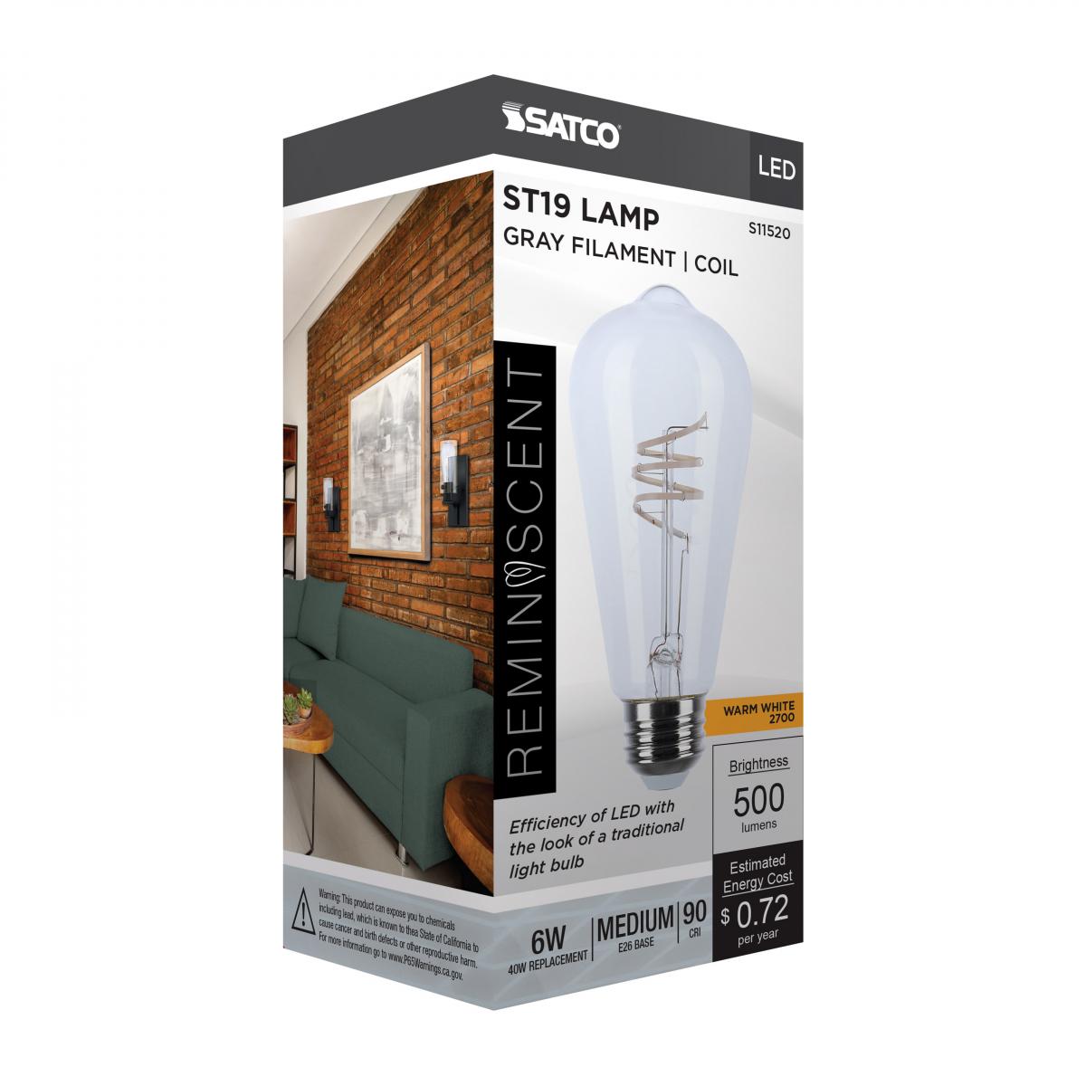Reminiscent Gray Coil Filament ST19 LED Bulb, 6 Watts, 500 Lumens, 2700K, E26 Medium Base - Bees Lighting