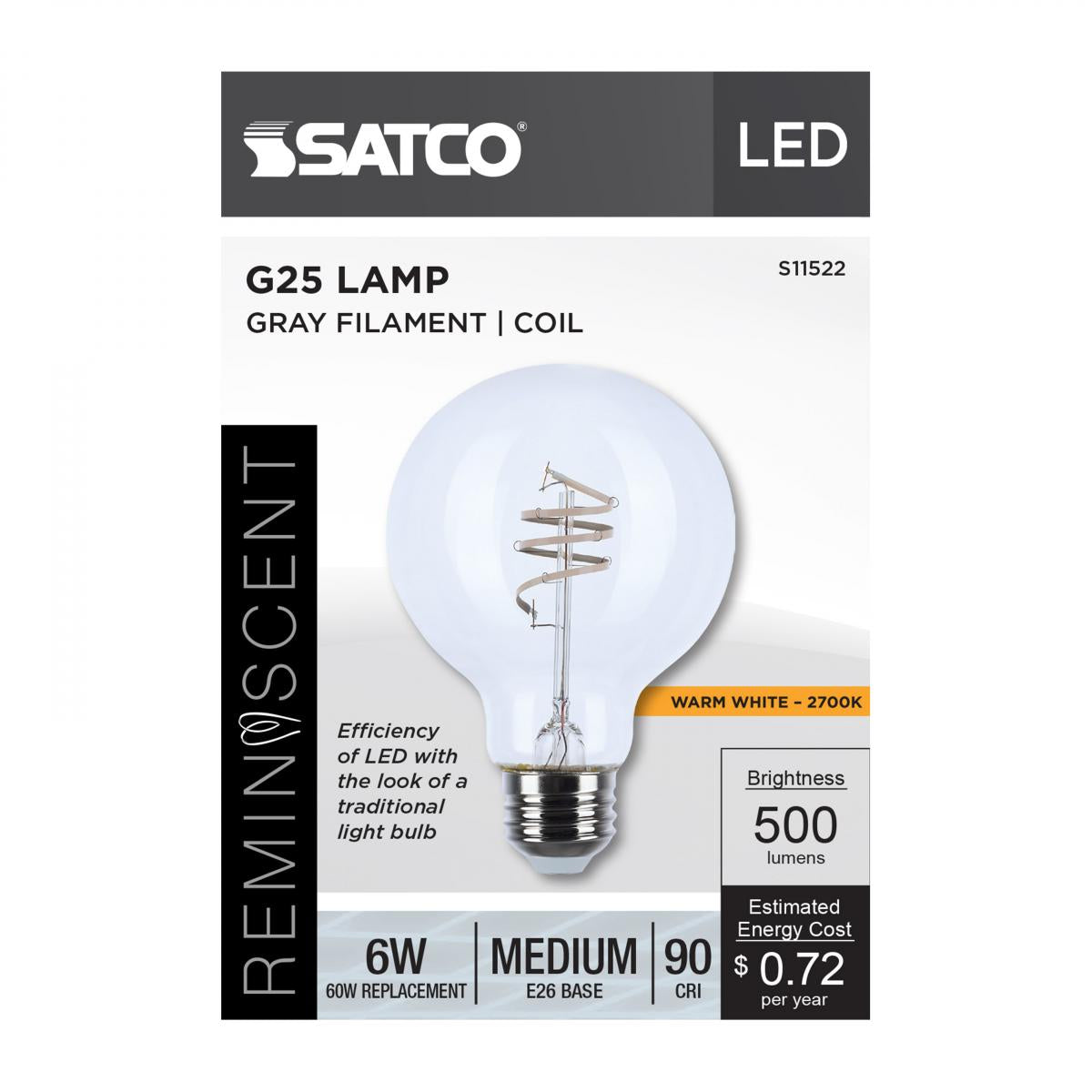 Reminiscent Gray Coil Filament G25 LED Bulb, 6 Watts, 500 Lumens, 2700K, E26 Medium Base - Bees Lighting