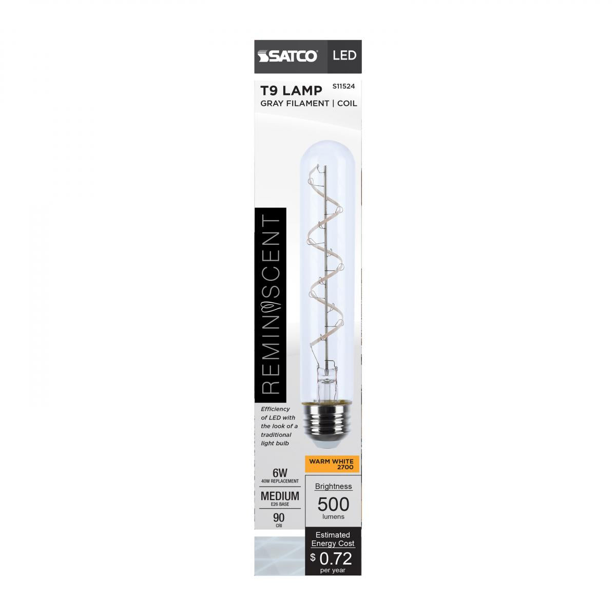 Reminiscent Gray Coil Filament T9 LED Bulb, 6 Watts, 500 Lumens, 2700K, E26 Medium Base - Bees Lighting