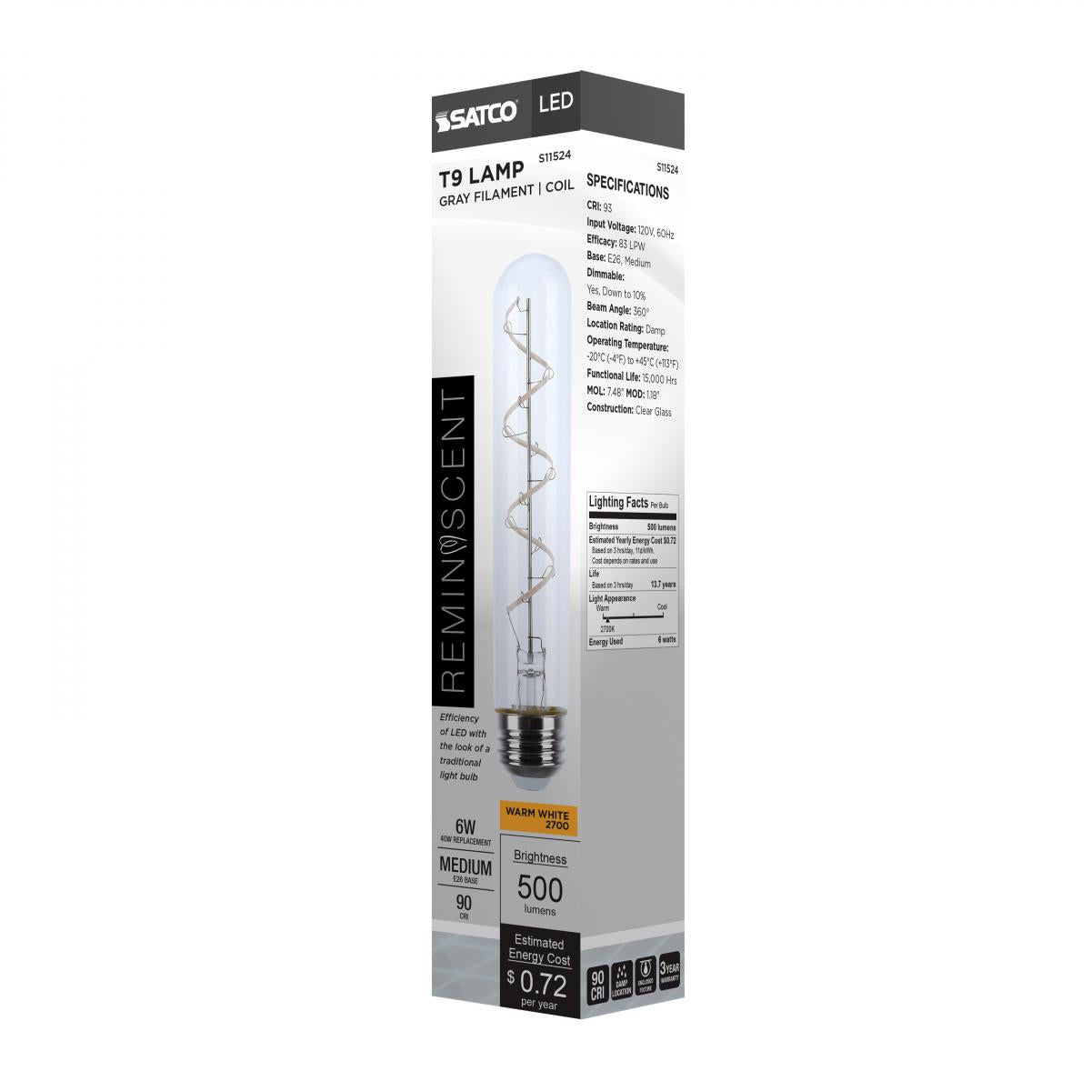 Reminiscent Gray Coil Filament T9 LED Bulb, 6 Watts, 500 Lumens, 2700K, E26 Medium Base
