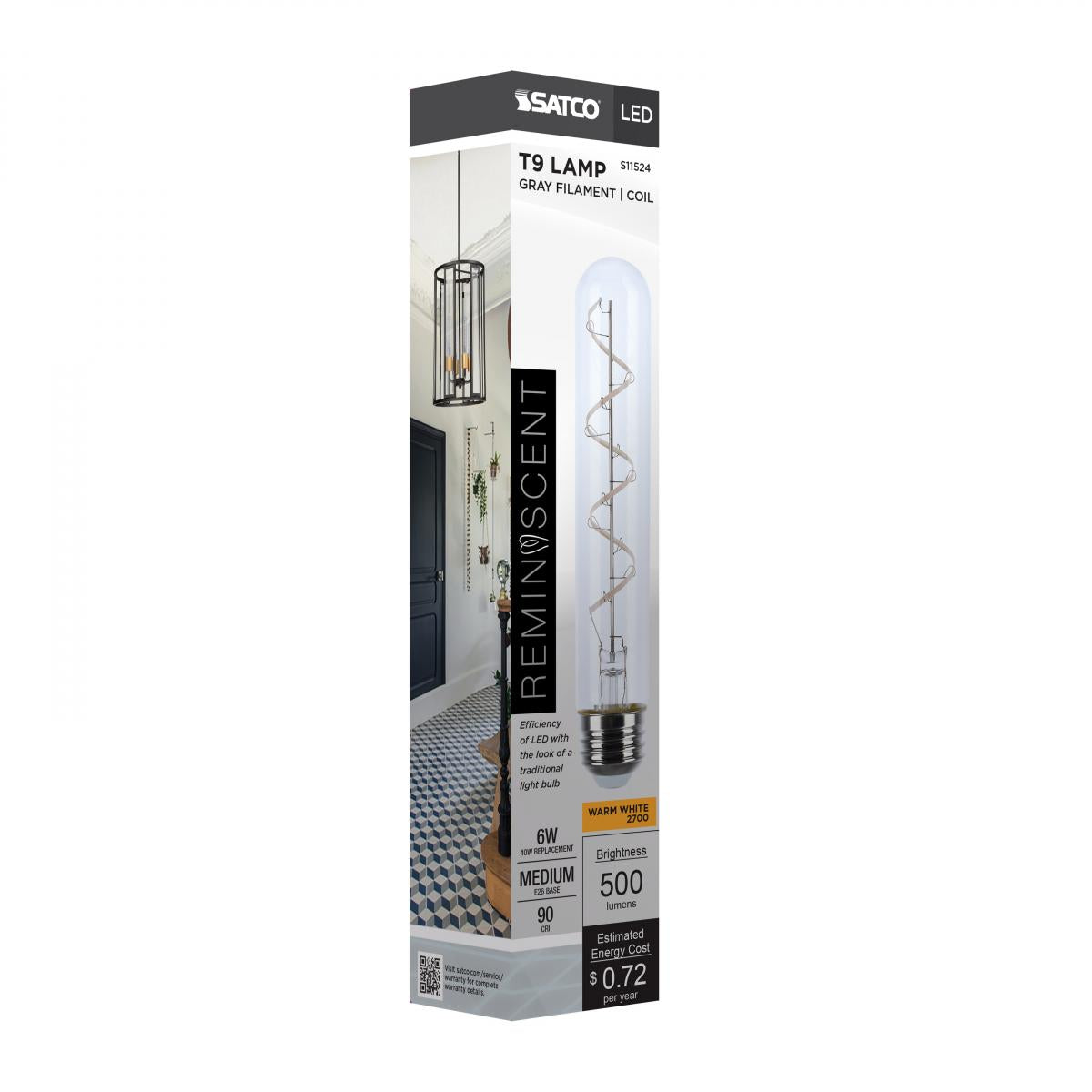 Reminiscent Gray Coil Filament T9 LED Bulb, 6 Watts, 500 Lumens, 2700K, E26 Medium Base