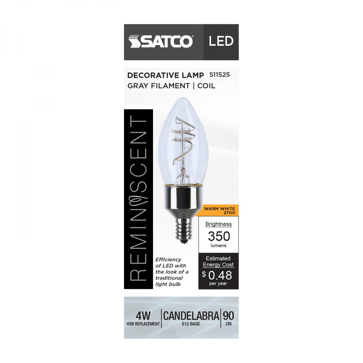 Reminiscent Gray Coil Filament B11 LED Bulb, 4 Watts, 350 Lumens, 2700K, E12 Candelabra Base - Bees Lighting