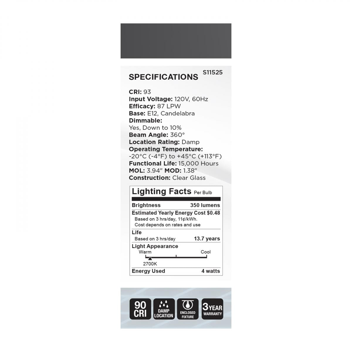 Reminiscent Gray Coil Filament B11 LED Bulb, 4 Watts, 350 Lumens, 2700K, E12 Candelabra Base - Bees Lighting