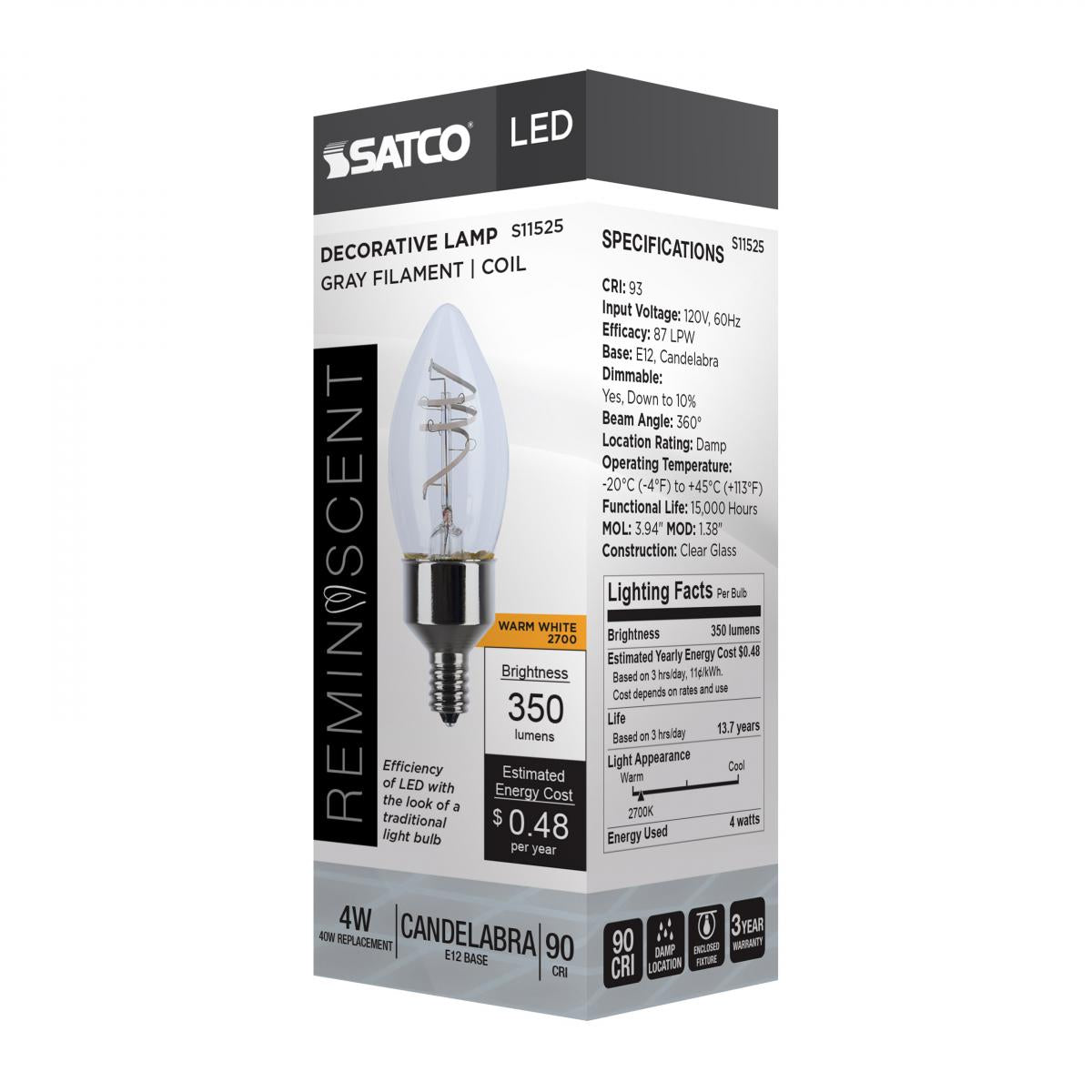 Reminiscent Gray Coil Filament B11 LED Bulb, 4 Watts, 350 Lumens, 2700K, E12 Candelabra Base - Bees Lighting