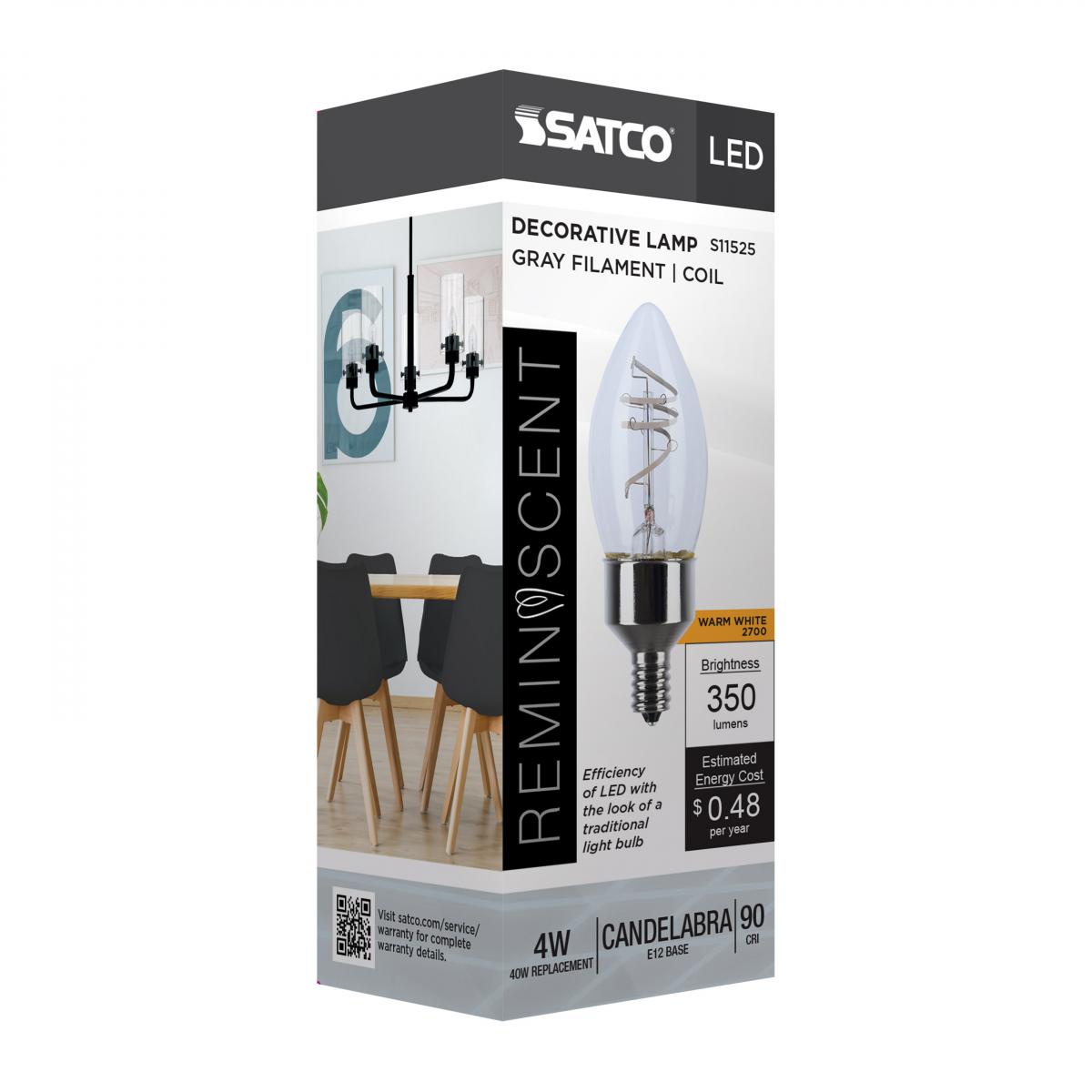 Reminiscent Gray Coil Filament B11 LED Bulb, 4 Watts, 350 Lumens, 2700K, E12 Candelabra Base - Bees Lighting