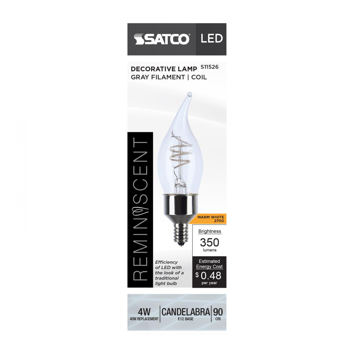Reminiscent Gray Coil Filament CA11 LED Bulb, 4 Watts, 350 Lumens, 2700K, E12 Candelabra Base - Bees Lighting