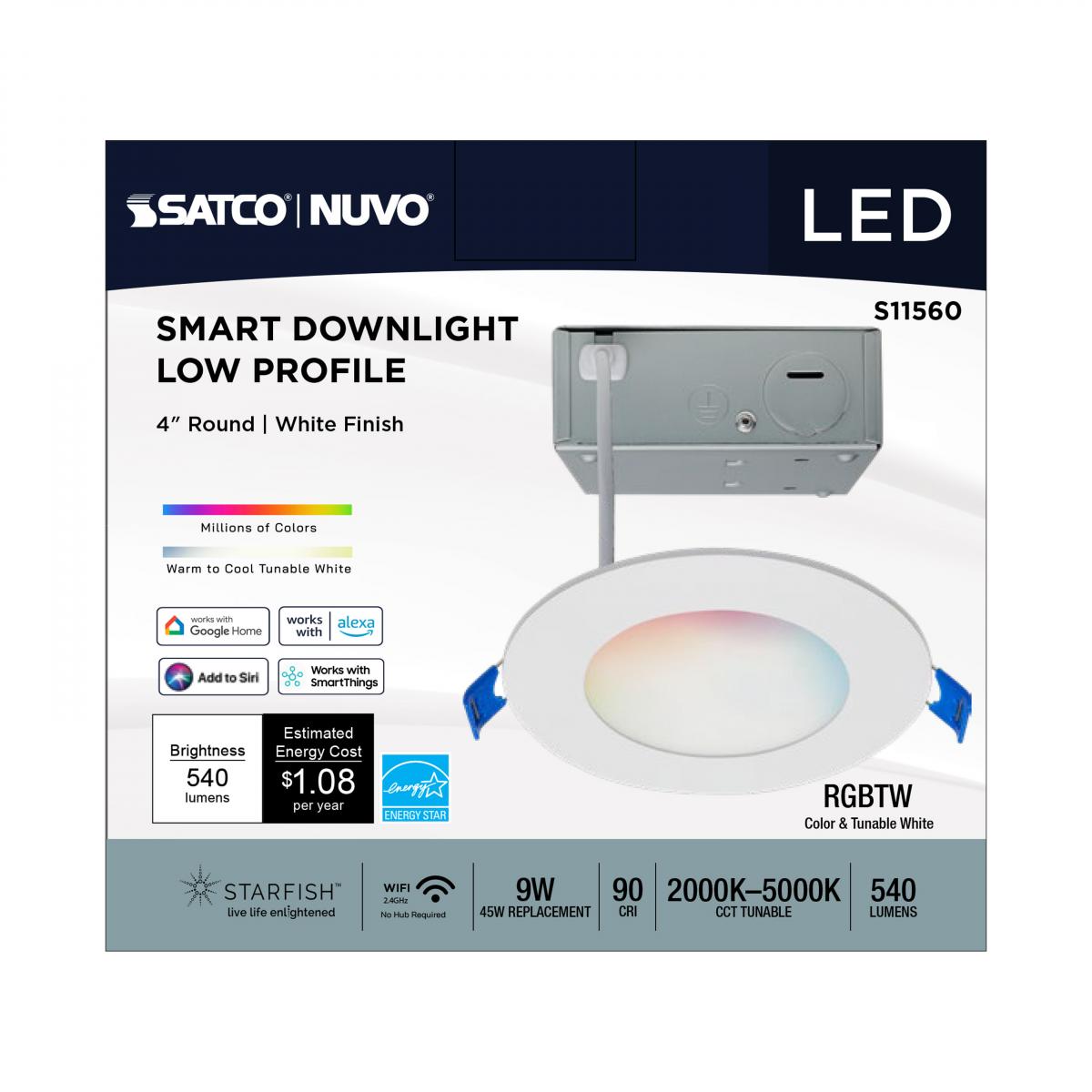 Satco Starfish, 4 inch Round Smart Downlight, 9 Watt, 540 Lumens, Selectable CCT 2000K to 5000K RGB/Tunable White