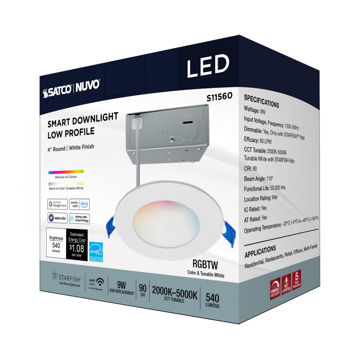 Satco Starfish, 4 inch Round Smart Downlight, 9 Watt, 540 Lumens, Selectable CCT 2000K to 5000K RGB/Tunable White - Bees Lighting