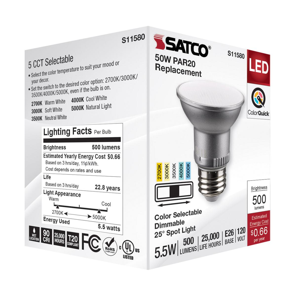 PAR20 Reflector LED Bulb, 6 Watt, 500 Lumens, Selectable CCT 2700K to 5000K, E26 Medium Base, 25 Deg. Spot
