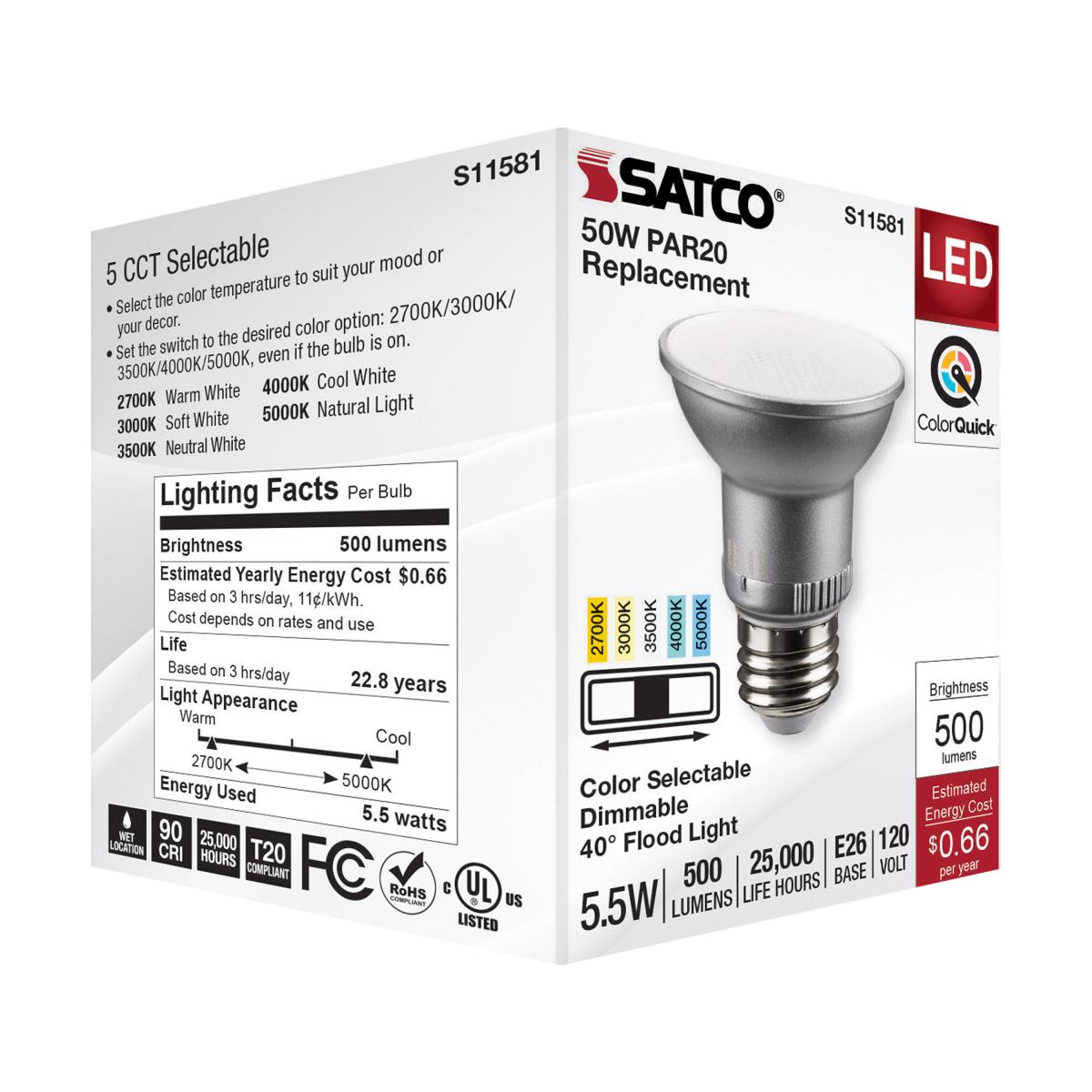 PAR20 Reflector LED Bulb, 6 Watt, 500 Lumens, Selectable CCT 2700K to 5000K, E26 Medium Base, 40 Deg. Flood