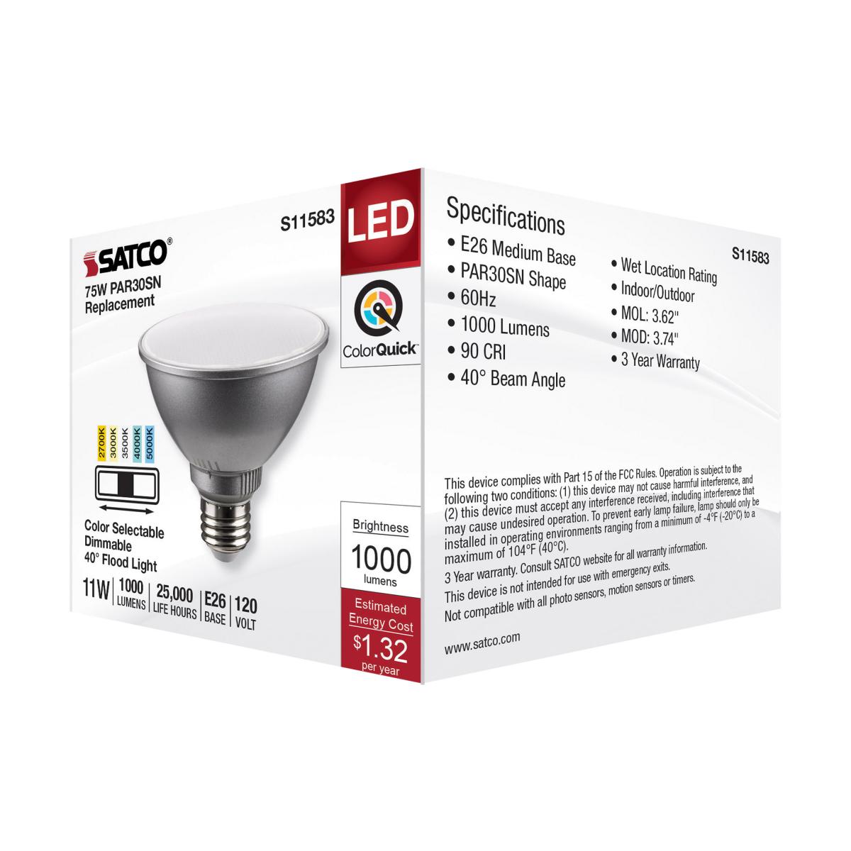 PAR30 Short Neck Reflector LED Bulb, 11 Watt, 1000 Lumens, Selectable CCT 2700K to 5000K, E26 Medium Base, 40 Deg. Flood - Bees Lighting