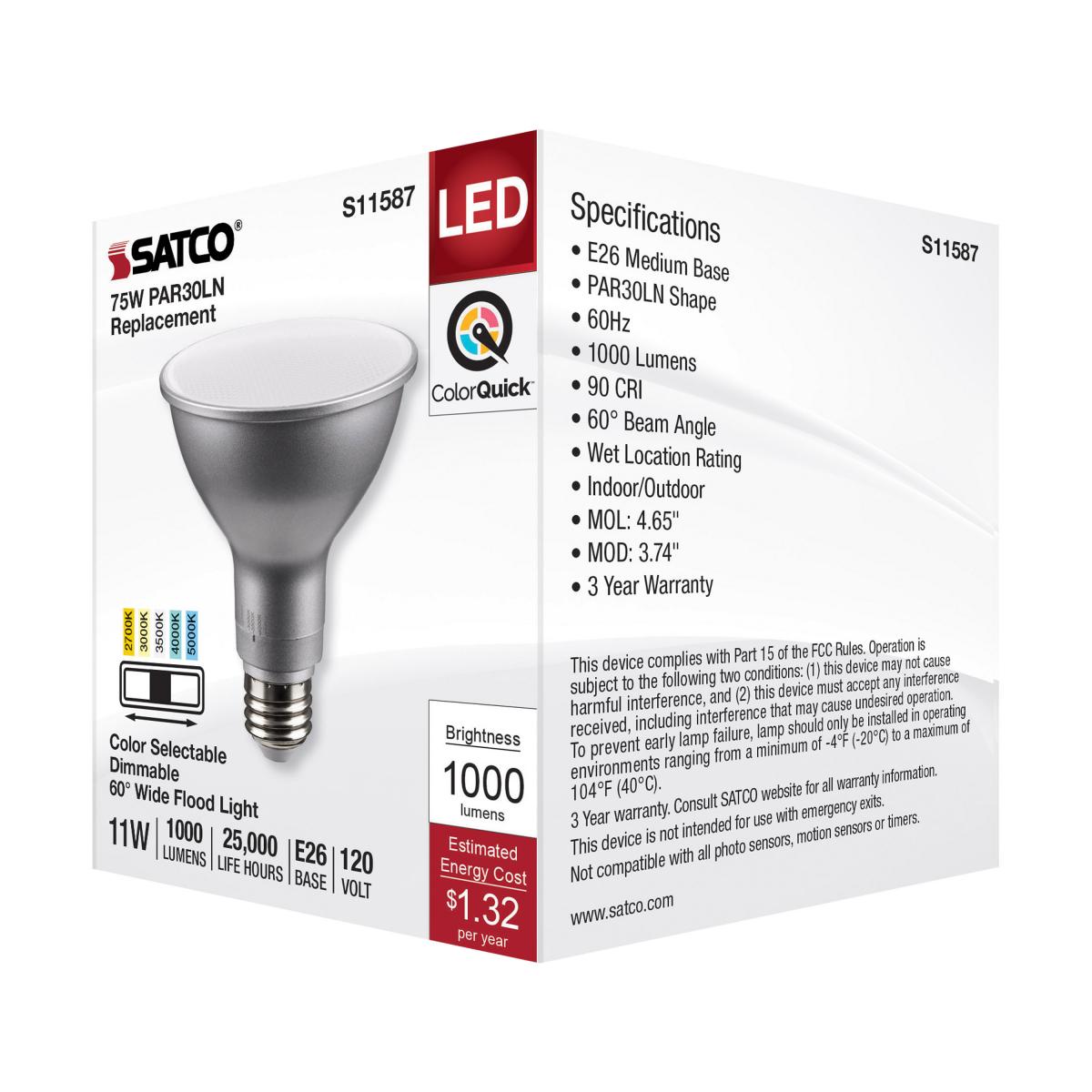 PAR30 Long Neck Reflector LED Bulb, 11 Watt, 1000 Lumens, Selectable CCT 2700K to 5000K, E26 Medium Base, 60 Deg. Wide Flood