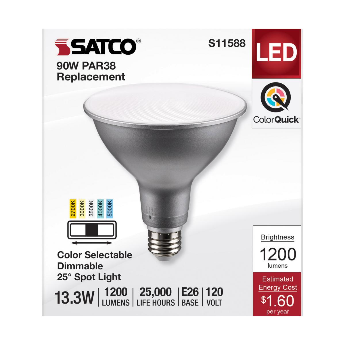 PAR38 Reflector LED Bulb, 13 Watt, 1200 Lumens, Selectable CCT 2700K to 5000K, E26 Medium Base, 25 Deg. Spot