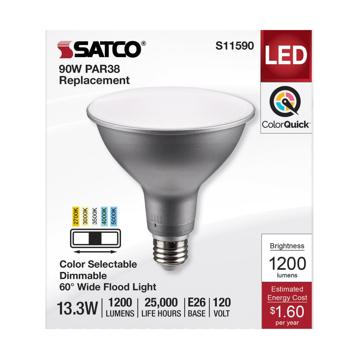 PAR38 Reflector LED Bulb, 13 Watt, 1200 Lumens, Selectable CCT 2700K to 5000K, E26 Medium Base, 60 Deg. Wide Flood