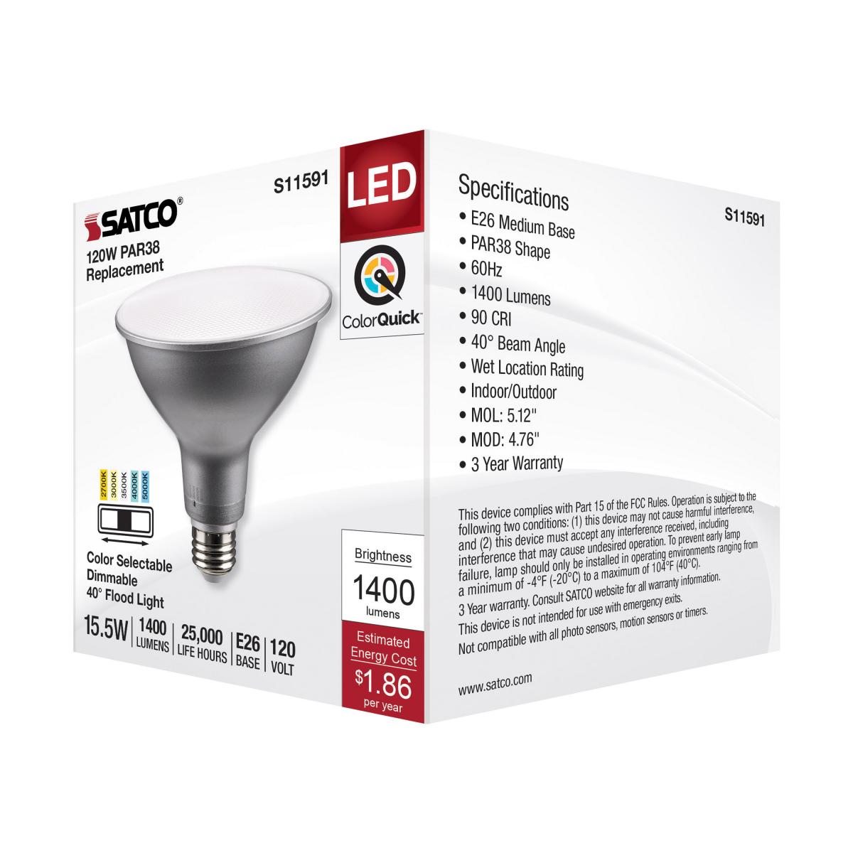 PAR38 Reflector LED Bulb, 16 Watt, 1400 Lumens, Selectable CCT 2700K to 5000K, E26 Medium Base, 40 Deg. Flood