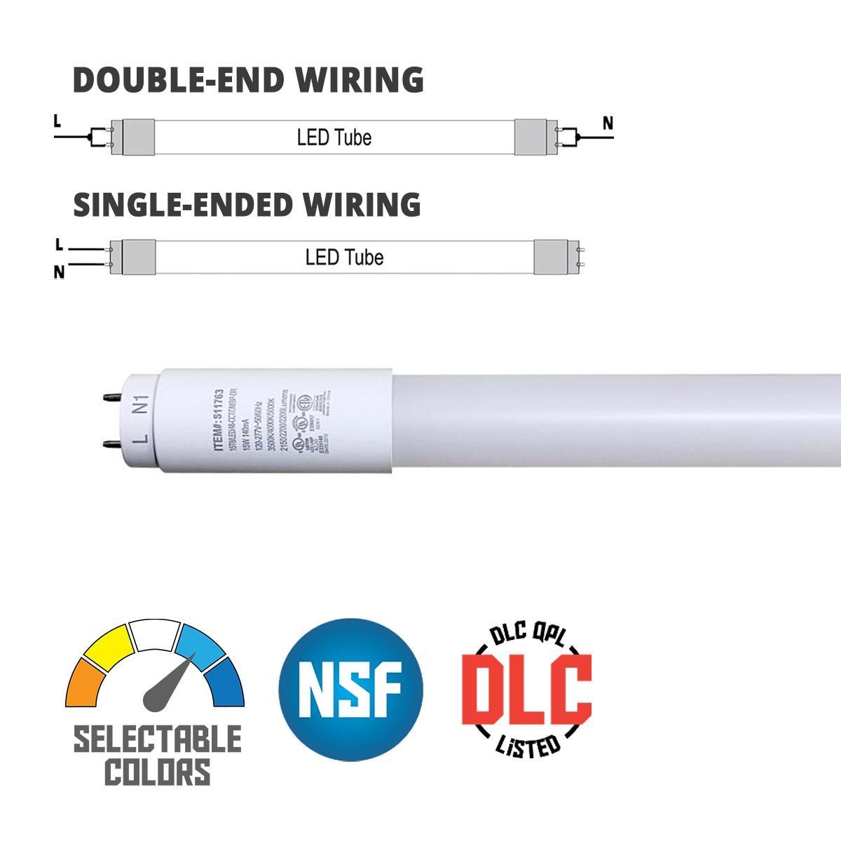 4ft T8 LED Bulb, 15 Watt, 2200 Lumens, Selectable CCT 35K/40K/50K, Type A+B, Single/Dual End (Case Of 25)
