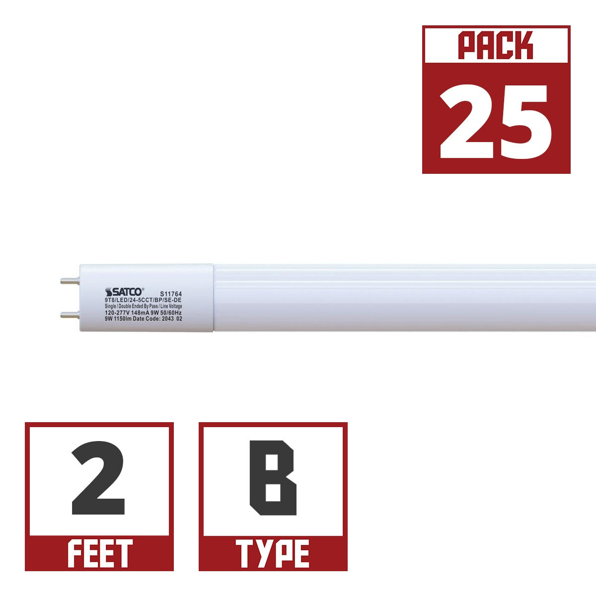 2ft T8 LED Bulb, 9 Watt, 1250 Lumens, Selectable CCT 3000K to 6500K, Ballast Bypass, Single/Dual End (Case Of 25) - Bees Lighting