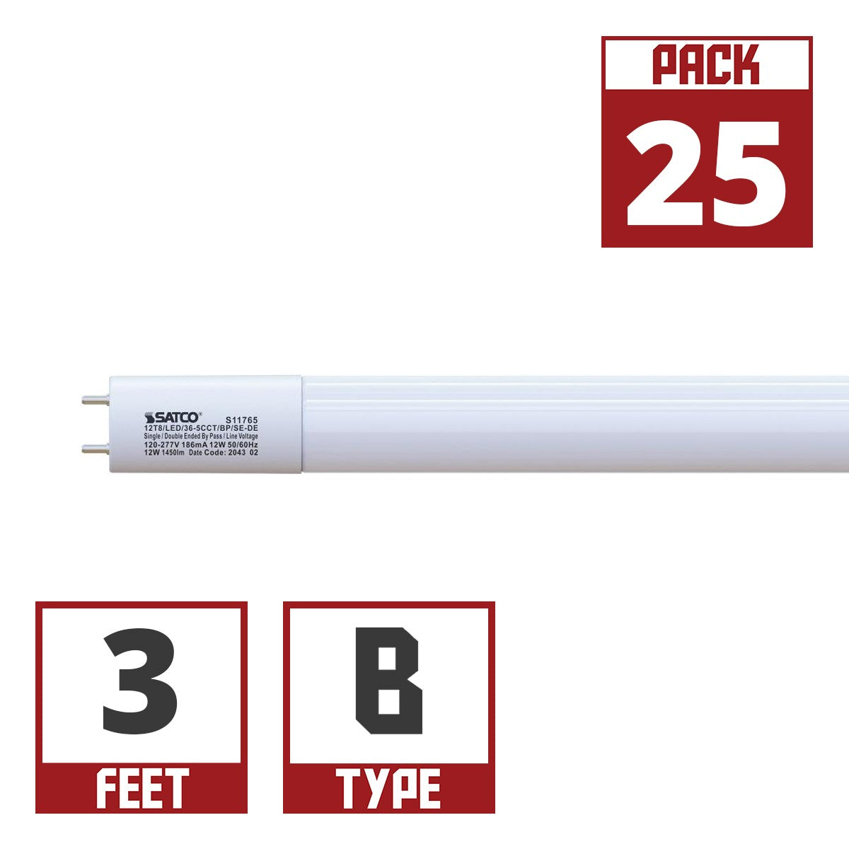 3ft T8 LED Bulb, 12 Watt, 1450 Lumens, Selectable CCT 3000K to 6500K, Ballast Bypass, Single/Dual End (Case Of 25) - Bees Lighting