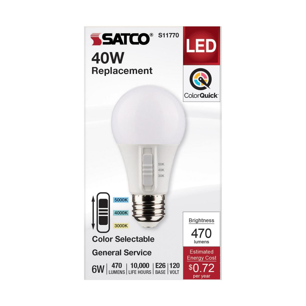 A19 LED Bulb, 40W Equivalent, 6 Watt, 470 Lumens, Selectable CCT 30K/40K/50K, E26 Medium Base, Frosted Finish
