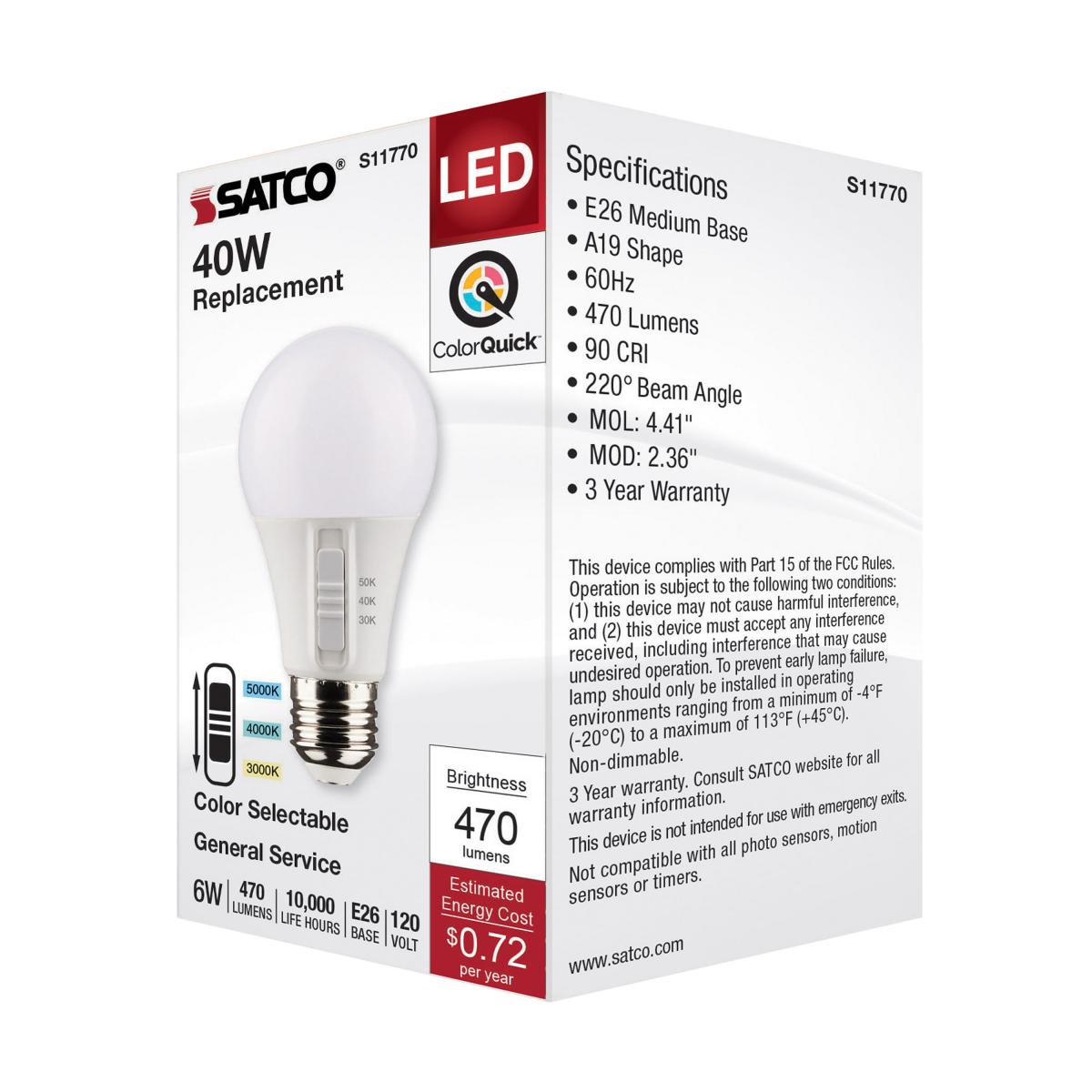A19 LED Bulb, 40W Equivalent, 6 Watt, 470 Lumens, Selectable CCT 30K/40K/50K, E26 Medium Base, Frosted Finish
