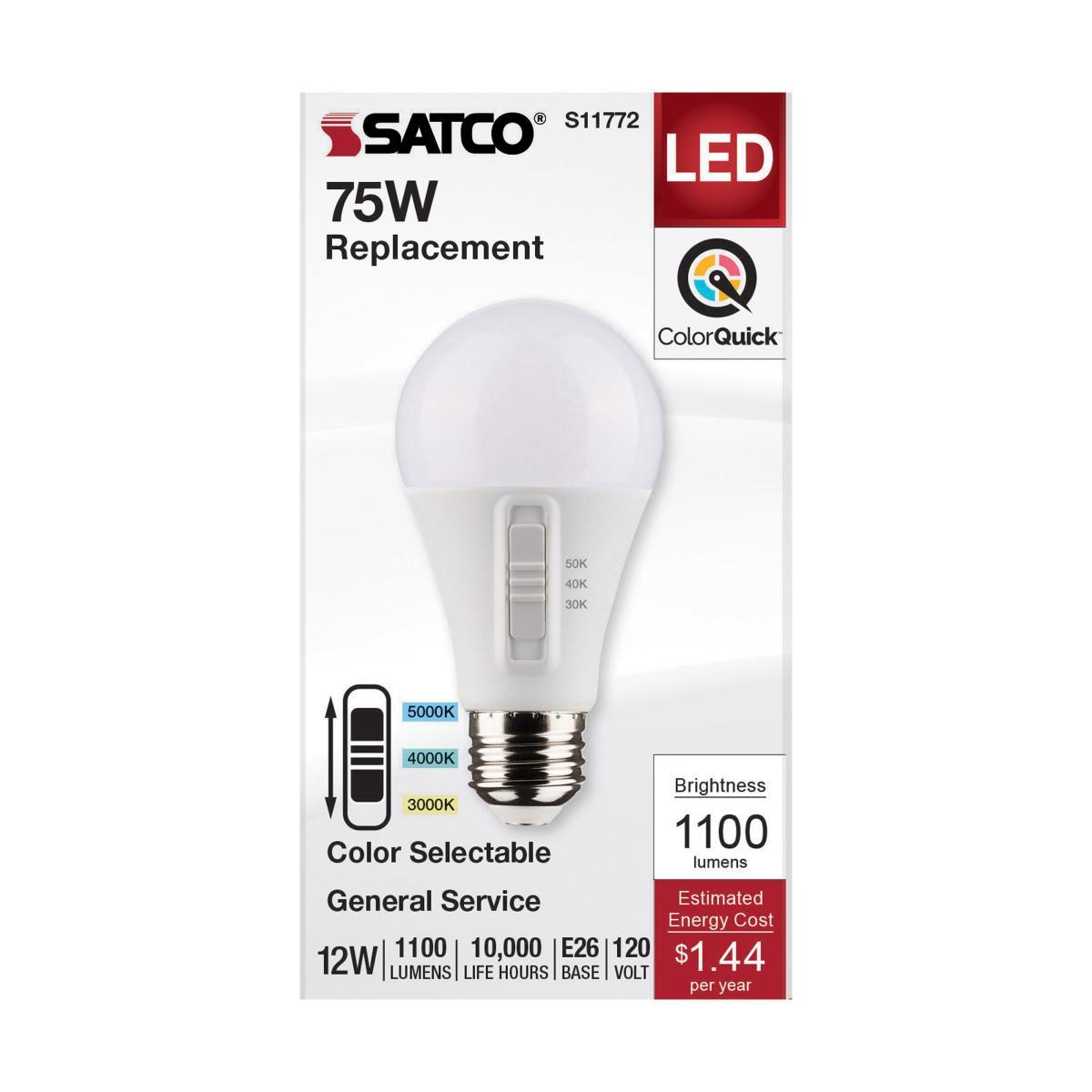 A19 LED Bulb, 75W Equivalent, 12 Watt, 1100 Lumens, Selectable CCT 30K/40K/50K, E26 Medium Base, Frosted Finish
