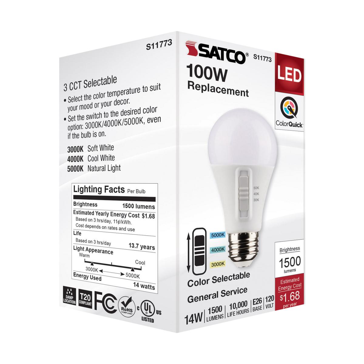 A19 LED Bulb, 100W Equivalent, 14 Watt, 1500 Lumens, Selectable CCT 30K/40K/50K, E26 Medium Base, Frosted Finish - Bees Lighting