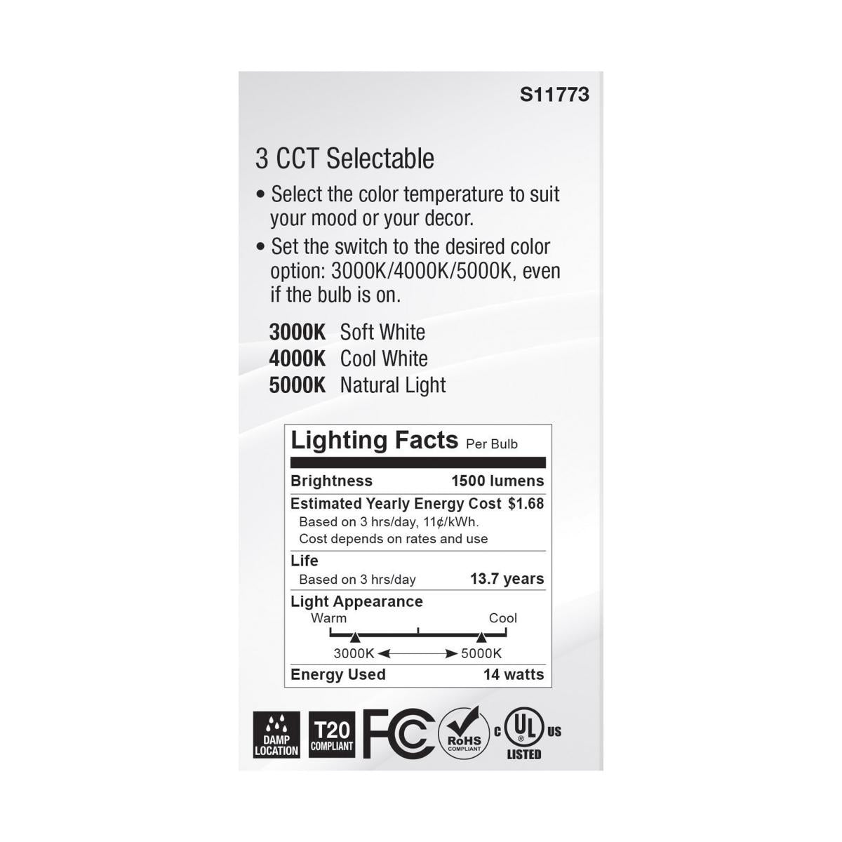 A19 LED Bulb, 14 Watts, 1500 Lumens, Selectable 30K|40K|50K, 100W Equal, E26 Medium Base - Bees Lighting
