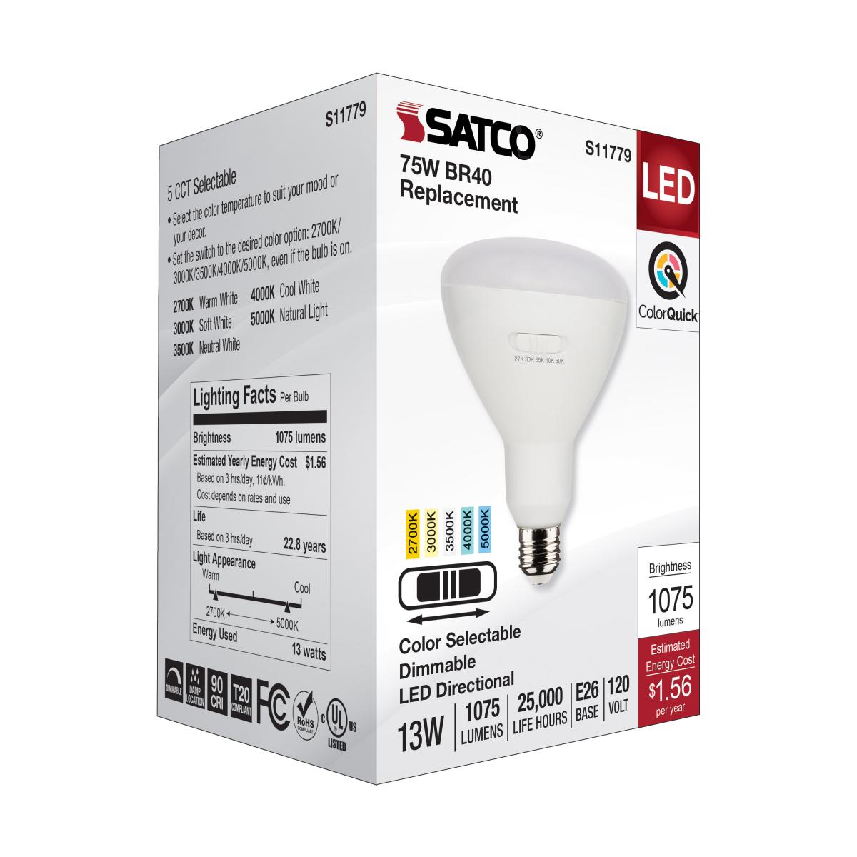 R40/BR40 Reflector LED Bulb, 13 Watt, 1075 Lumens, Selectable CCT 2700K to 5000K, E26 Medium Base, 100 Deg. Flood - Bees Lighting