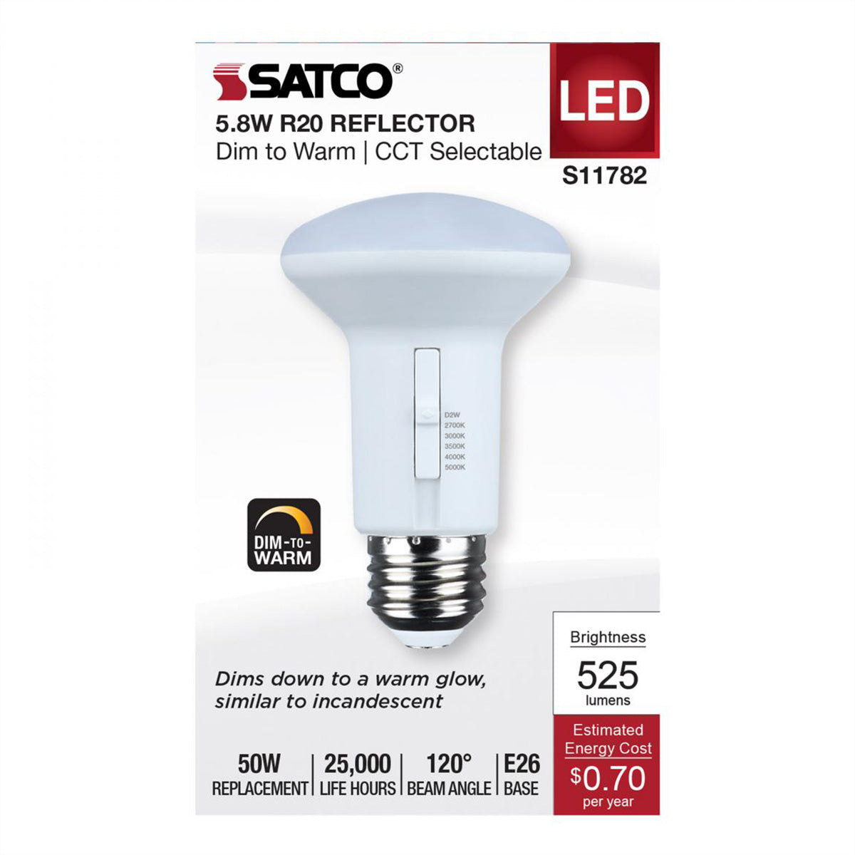 R20/BR20 LED Bulb, 6 Watts, 525 Lumens, Dim to Warm & CCT Selectable, E26 Medium Base, 120° Flood - Bees Lighting