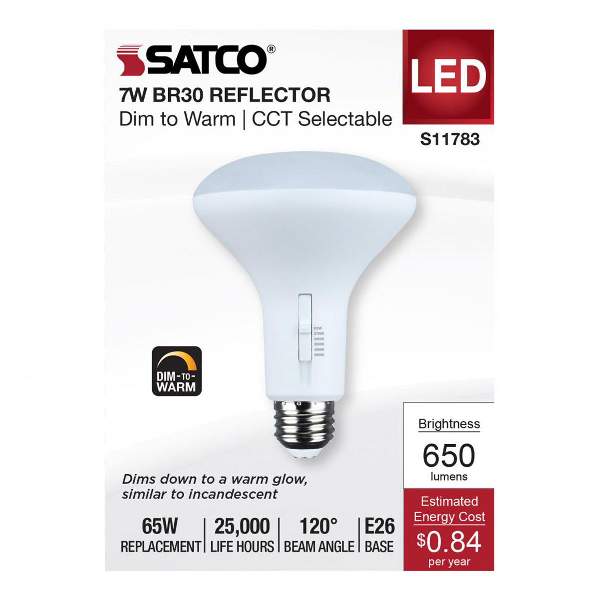 R30/BR30 LED Bulb, 7 Watts, 650 Lumens, Dim to Warm & CCT Selectable, E26 Medium Base, 120° Flood - Bees Lighting