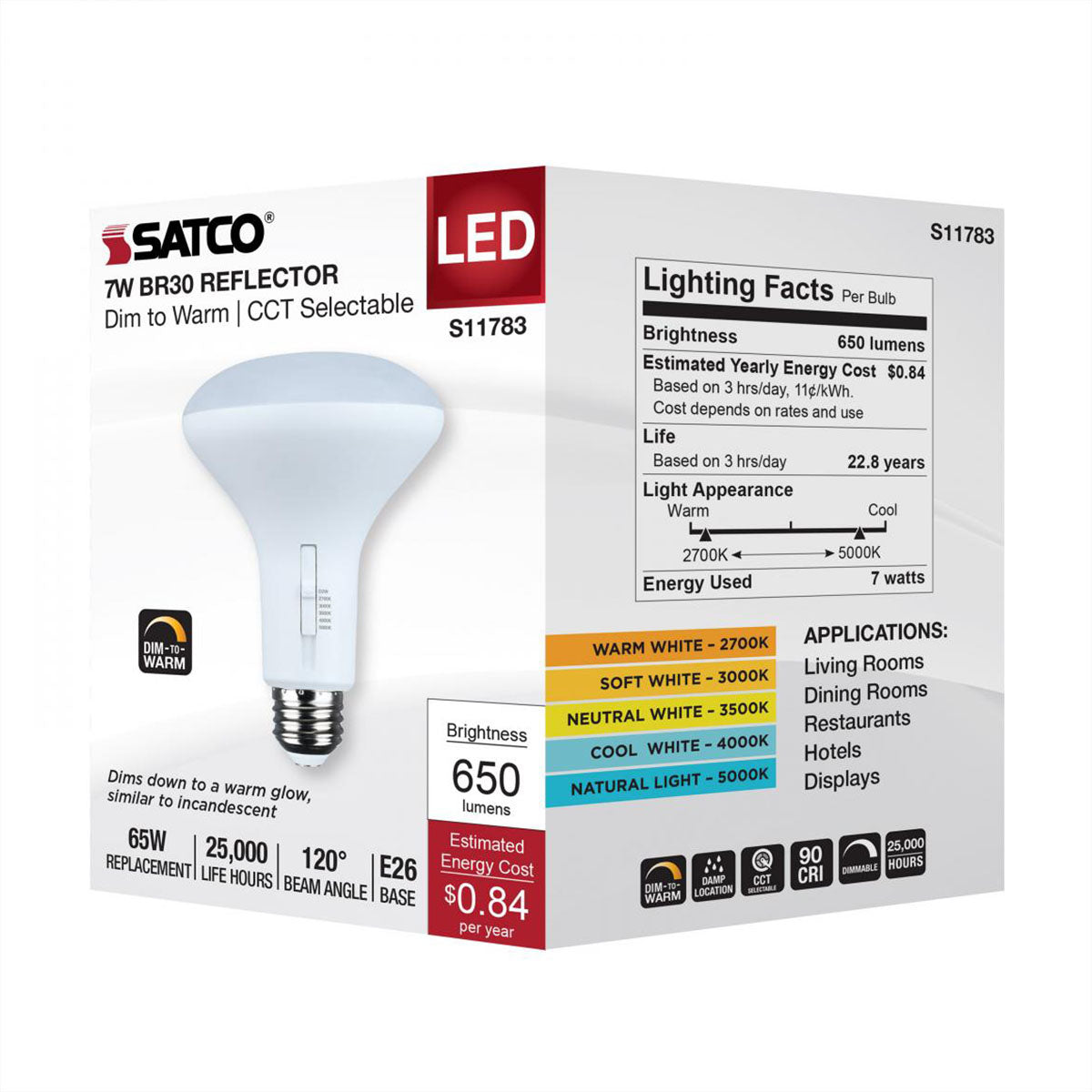 R30/BR30 LED Bulb, 7 Watts, 650 Lumens, Dim to Warm & CCT Selectable, E26 Medium Base, 120° Flood