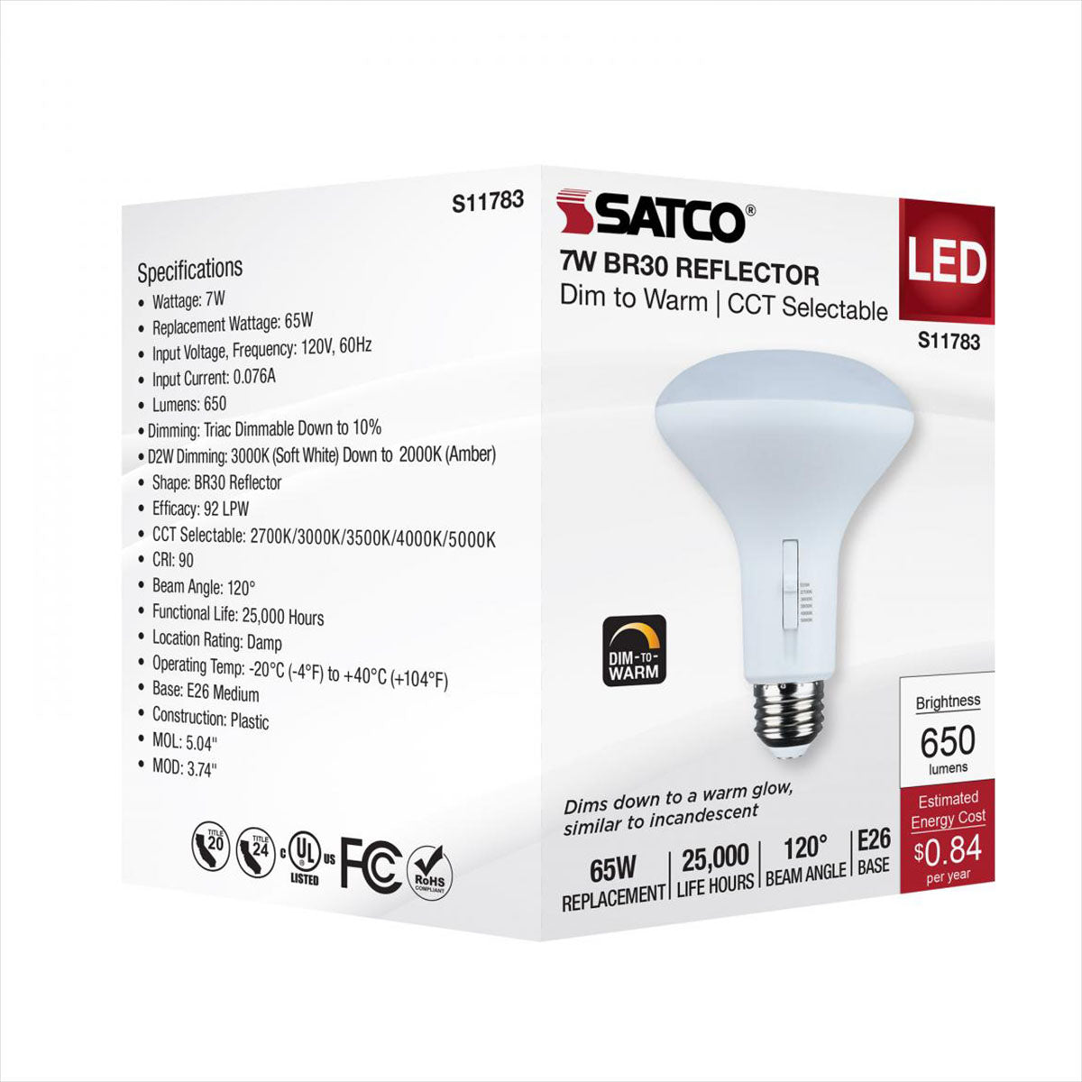 R30/BR30 LED Bulb, 7 Watts, 650 Lumens, Dim to Warm & CCT Selectable, E26 Medium Base, 120° Flood