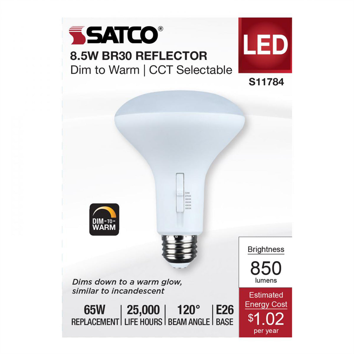 R30/BR30 LED Bulb, 9 Watts, 850 Lumens, Dim to Warm & CCT Selectable, E26 Medium Base, 120° Flood - Bees Lighting