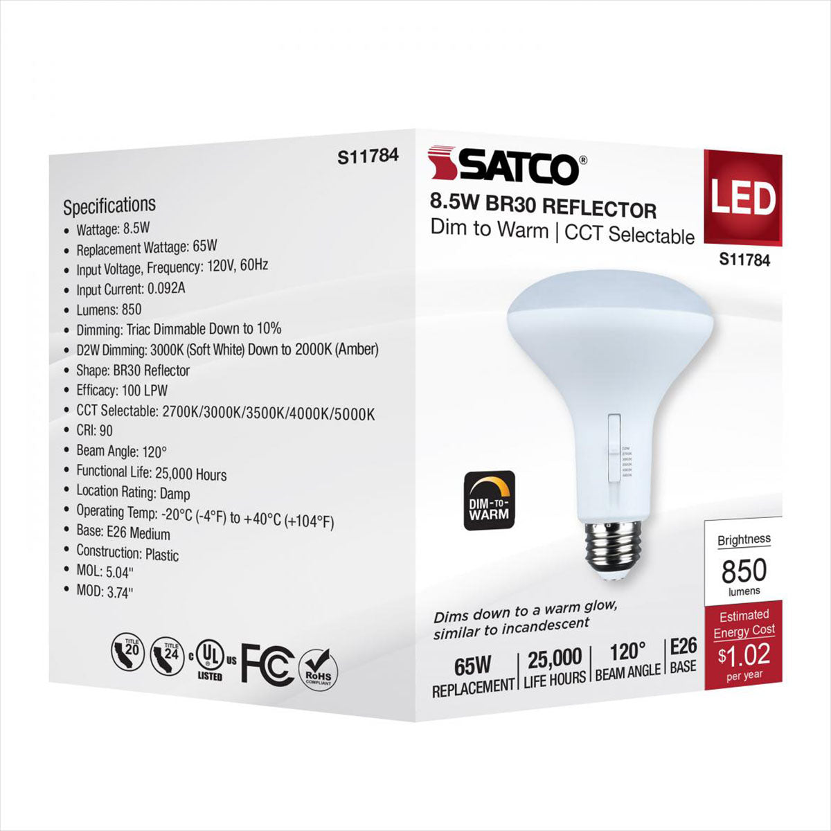 R30/BR30 LED Bulb, 9 Watts, 850 Lumens, Dim to Warm & CCT Selectable, E26 Medium Base, 120° Flood - Bees Lighting