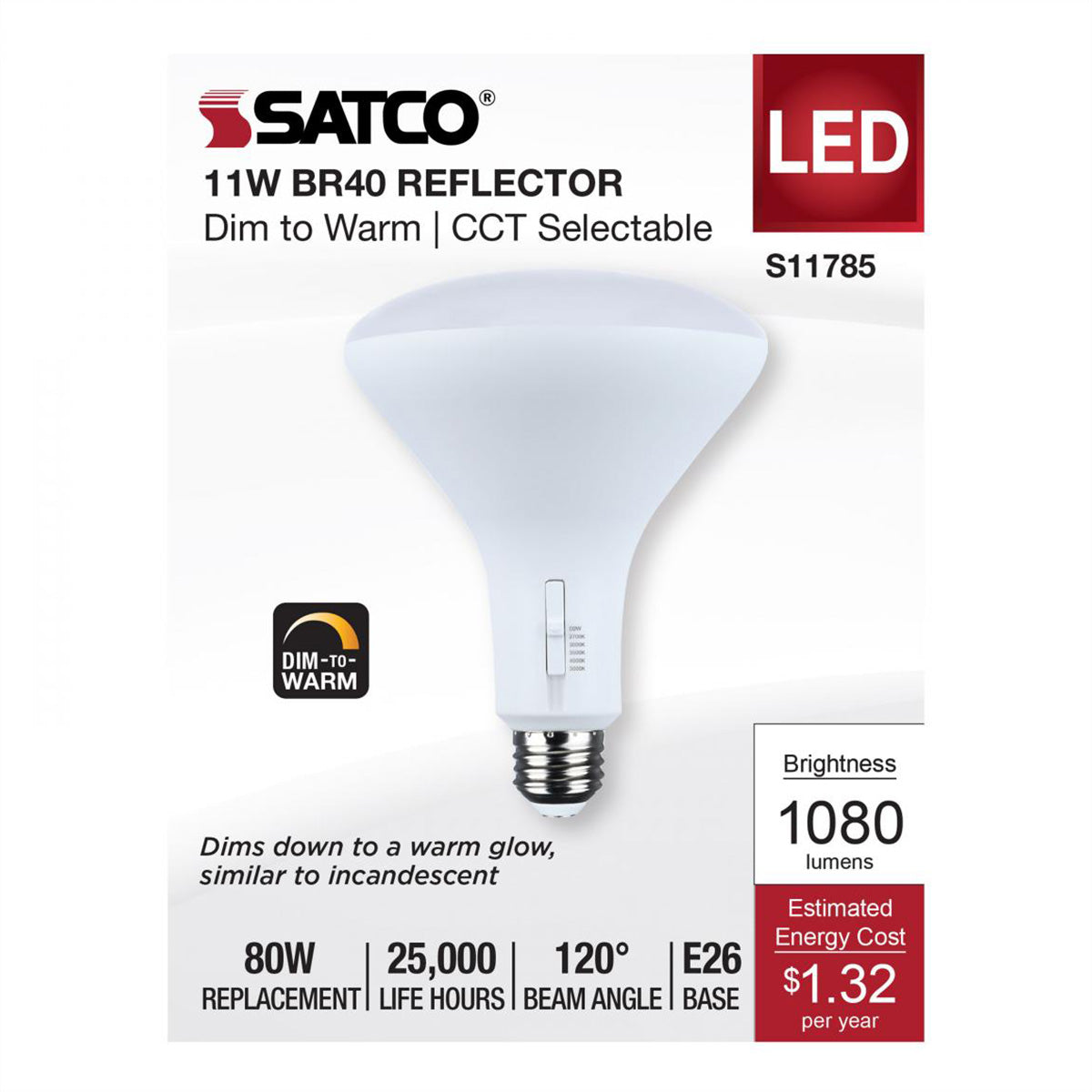 R40/BR40 LED Bulb, 11 Watts, 1080 Lumens, Dim to Warm & CCT Selectable, E26 Medium Base, 120° Flood - Bees Lighting