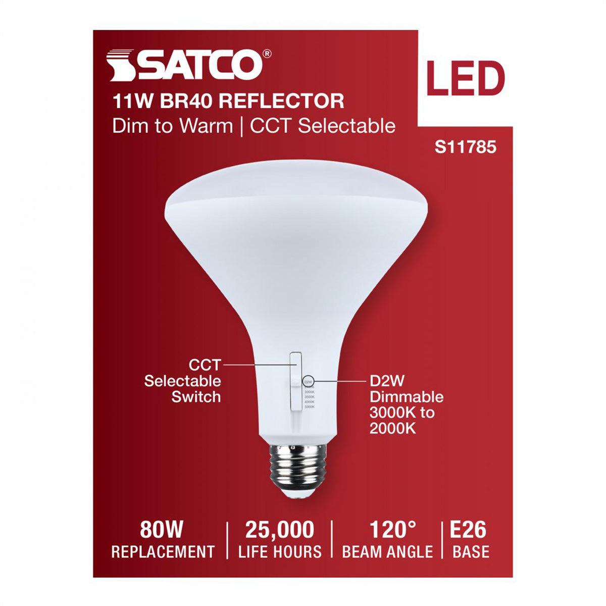 R40/BR40 LED Bulb, 11 Watts, 1080 Lumens, Dim to Warm & CCT Selectable, E26 Medium Base, 120° Flood