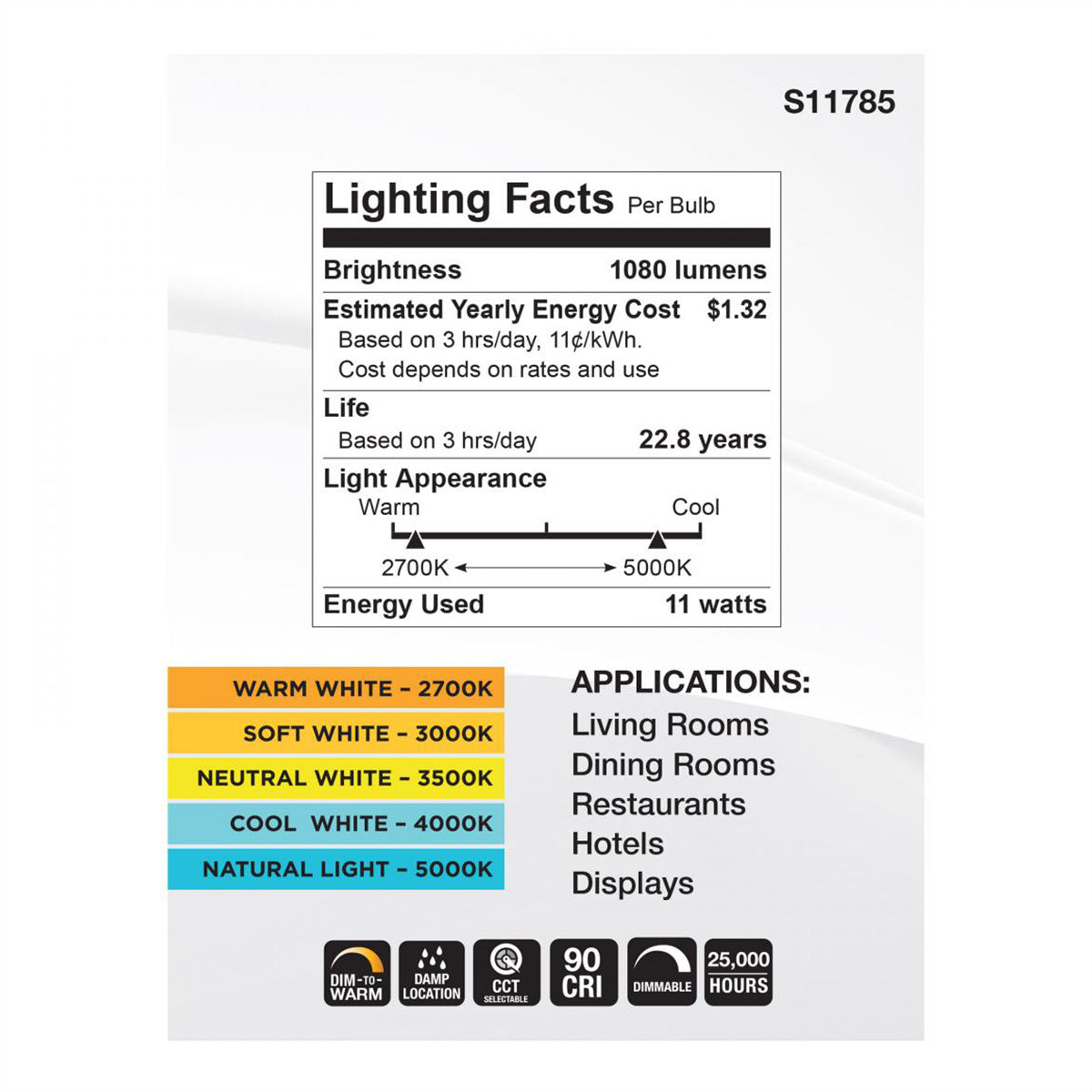 R40/BR40 LED Bulb, 11 Watts, 1080 Lumens, Dim to Warm & CCT Selectable, E26 Medium Base, 120° Flood